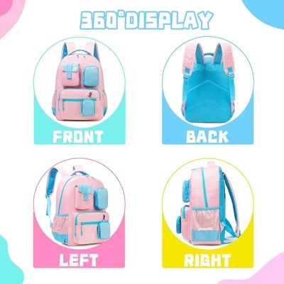 Mochila rosa e azul com vários bolsos mostrada em quatro ângulos