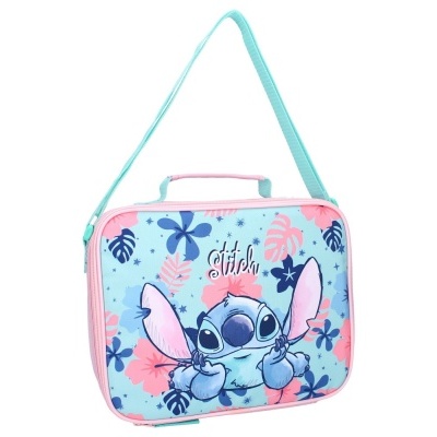 Mala azul clara com estampado floral e personagem Stitch
