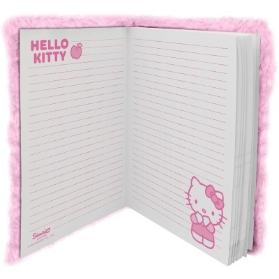 Caderno aberto Hello Kitty com páginas pautadas decoradas a rosa.