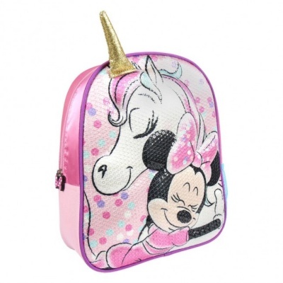 Mochila infantil rosa com estampa de Minnie Mouse e unicórnio