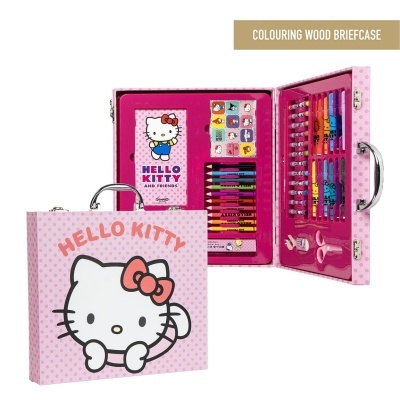 Estojo de madeira Hello Kitty cor-de-rosa com lápis e canetas coloridas