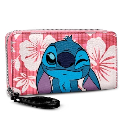 Carteira rosa com padrão floral branco e personagem Stitch azul