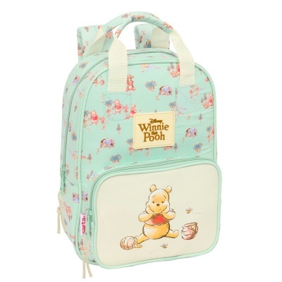 Mochila verde água infantil com estampa Winnie the Pooh e bolso frontal creme com personagem e mel