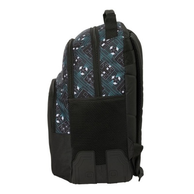 Mochila com padrão geométrico azul e branco vista de lado