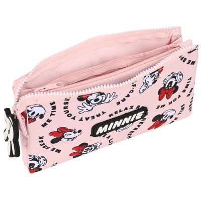Estojo rosa com padrão da Minnie Mouse e texto 'MINNIE'