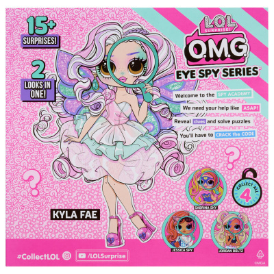 Embalagem de brinquedo LOL Surprise OMG Eye Spy Series com boneca e texto