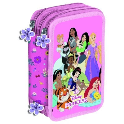 Estojo escolar rosa com imagem das princesas Disney e fechos de zíper decorados com flores.
