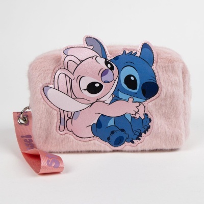 Carteira rosa com textura peluda e desenho de Stitch e Angel abraçados