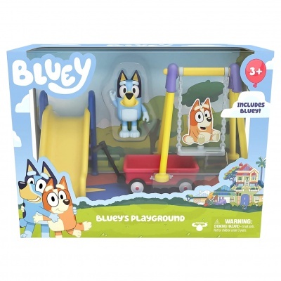 Brinquedo Bluey com escorrega, baloiço e carrinho na embalagem azul