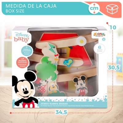 Brinquedo Disney Baby de madeira natural em caixa com personagens Mickey e Pluto, dimensões da caixa indicadas.