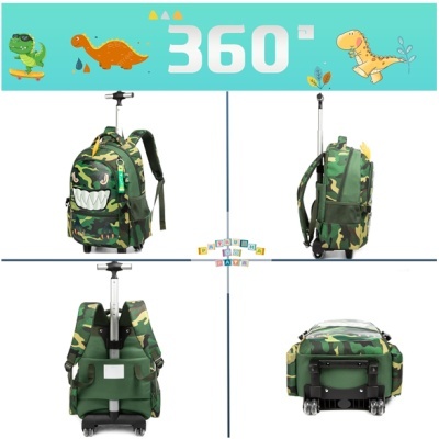 Mochila escolar camuflada verde com roda e alças ajustáveis, vista em 360 graus