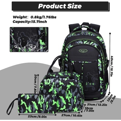 Conjunto de mochila, mala de mão e saco transversal camuflado verde e preto com detalhes em cinza