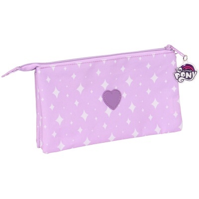 Estojo escolar lilás com padrão branco e coração roxo, com fecho e pendente My Little Pony