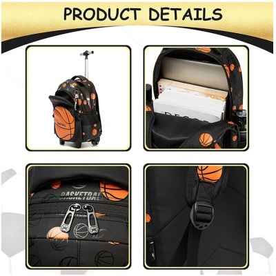 Mochila de rodinhas preta com bolas de basquetebol laranjas