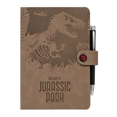 Caderno castanho com textura e desenho de dinossauro T-Rex em relevo e caneta preta