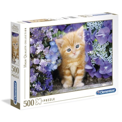 Puzzle 500 peças Clementoni com imagem de gato laranja entre flores roxas