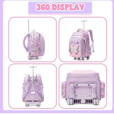 mochila infantil lilás com padrão de flores e borboleta, vista 360 graus
