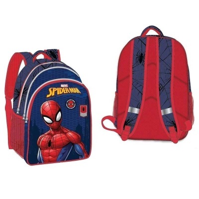 Mochila infantil azul e vermelha com desenho do Homem-Aranha