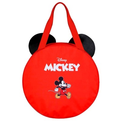 Bolsa redonda vermelha com estampa do Mickey Mouse e orelhas negras