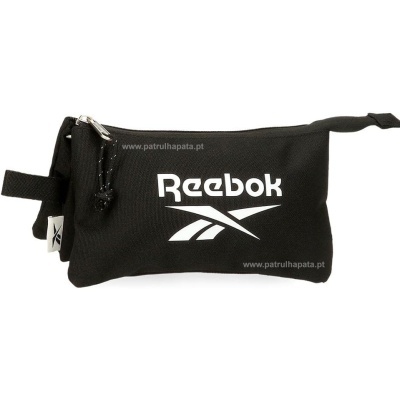 Bolsa preta Reebok com logótipo branco e fecho prateado