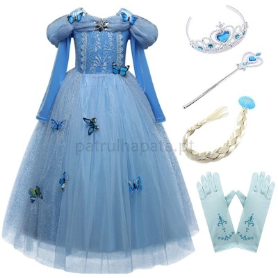 Fantasia infantil azul claro com vestido longo, coroa, varinha mágica, luvas e trança loira