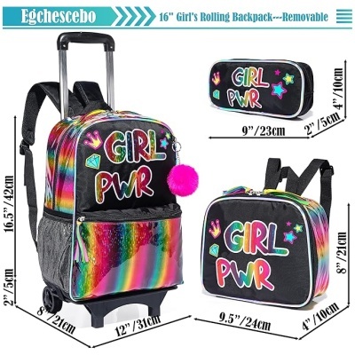 Mochila para menina multicolor holográfica GIRL PWR com bolsa e estojo removíveis