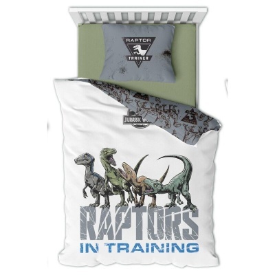 Conjunto roupa de cama infantil com dinossauros e textos RAPTOR TRAINER e RAPTORS IN TRAINING