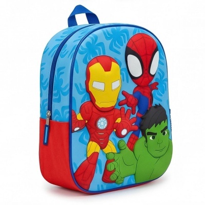 Mochila azul com personagens Marvel Homem de Ferro, Homem-Aranha e Hulk