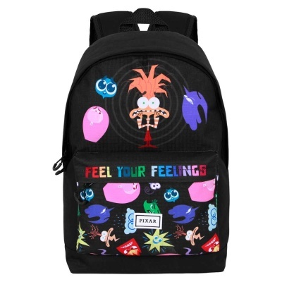 Mochila preta com padrão colorido e texto FEEL YOUR FEELINGS