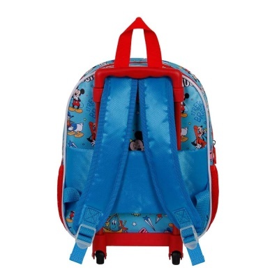 Mochila infantil com estampados Disney, alças azuis e detalhes vermelhos.