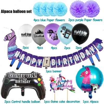 Conjunto de balões e decorações de aniversário com tema alpaca e videojogos coloridos