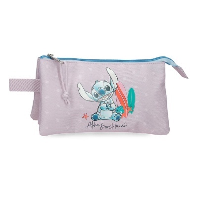 Estojo lilás com personagem Stitch e pranchas de surf
