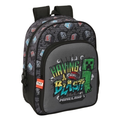 Mochila infantil cinza e preta com estampado Minecraft e texto HAVING A BLAST