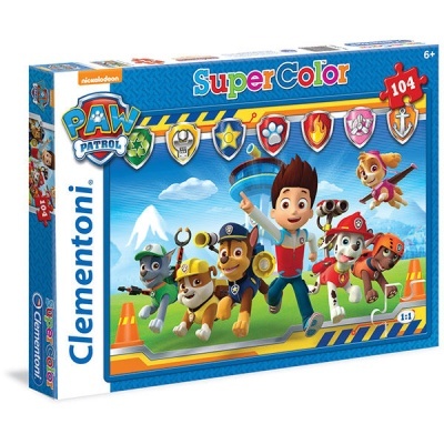 Caixa de puzzle Clementoni Paw Patrol com 104 peças e personagens coloridos na imagem