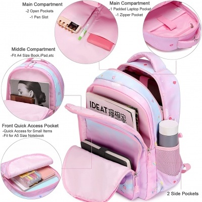 Mochila infantil rosa com corações e múltiplos compartimentos abertos com diversos itens visíveis