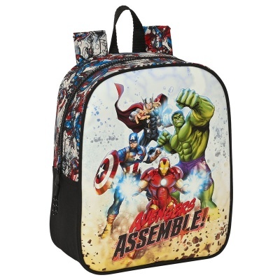 Mochila Avengers com personagens em destaque e texto 'Avengers ASSEMBLE!'