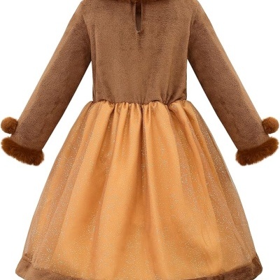 Vestido castanho e laranja para criança com gola e punhos peludos e saia com brilho