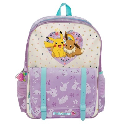 Mochila infantil com padrão Pokémon, cores lilás e branco, com imagens de Pikachu e Eevee