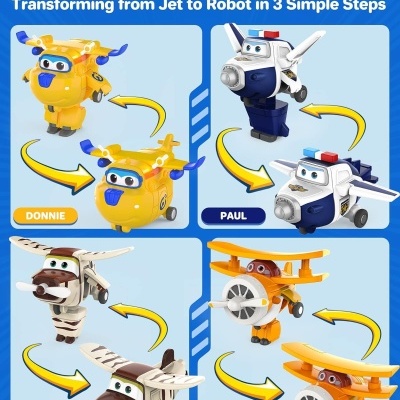 Brinquedos transformadores 2 em 1 que mudam de avião para robô com nomes e setas amarelas em fundo azul.