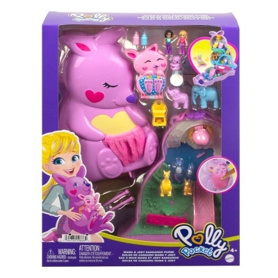 Brinquedo Polly Pocket com estojo em forma de canguru rosa e acessórios na embalagem roxa