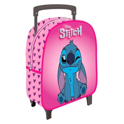 Mala viagem infantil rosa com personagem Stitch e corações roxos