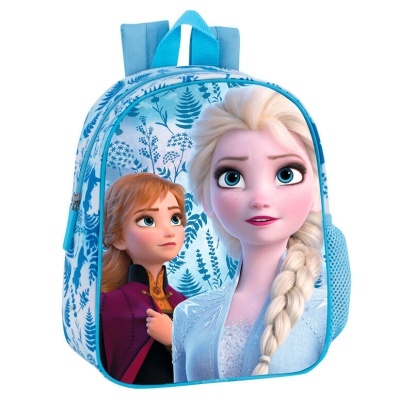 Mochila infantil azul com personagens Elsa e Anna do Frozen e padrão de folhas