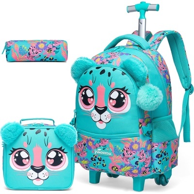 Mochila com carrinho, lancheira e estojo com estampa azul turquesa e rosto de animal