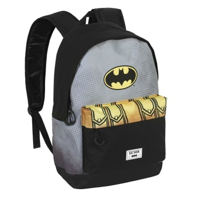 Mochila Batman cinza e preta com bolso frontal amarelo e preto e logótipo Batman