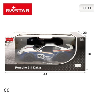 Carro de brinquedo Porsche 911 Dakar azul em caixa com janela transparente