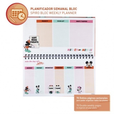 Planeador semanal com ilustrações de Mickey e Minnie e várias secções para organização.