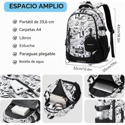 Mochila preta e branca com padrão gráfico e várias divisórias internas