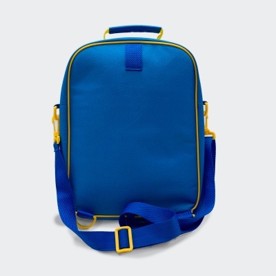 Mala azul com alças amarelas contra fundo branco