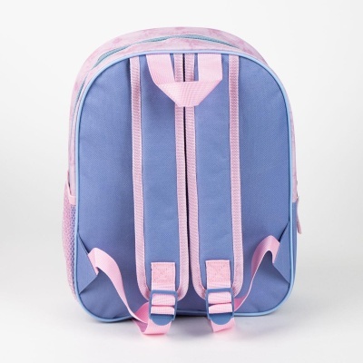 Mochila azul com detalhes rosa clara vista de costas