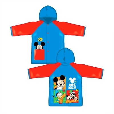 Casaco infantil azul e vermelho com personagens da Disney e texto MICKEY